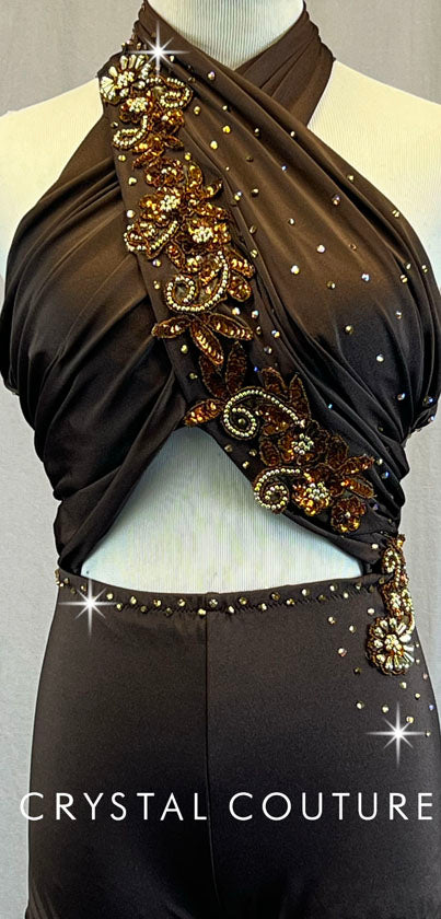 Custom Brown Halter Top Biketard - Appliques & Rhinestones