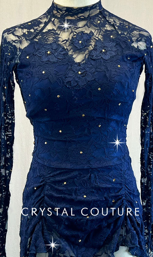 Custom Navy Lace Long Sleeve Dress Rhinestones Crystal Couture