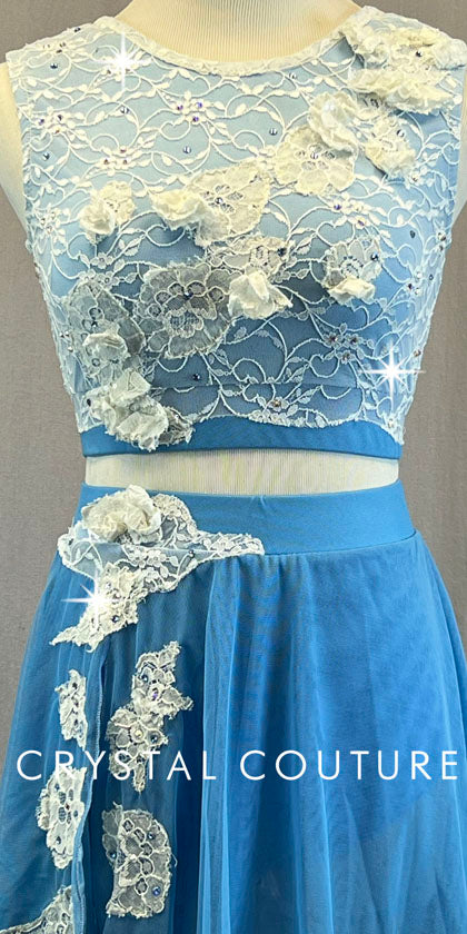 Custom Light Blue & Ivory Lace Crop Top & Mesh Skirt - Appliques & Rhinestones