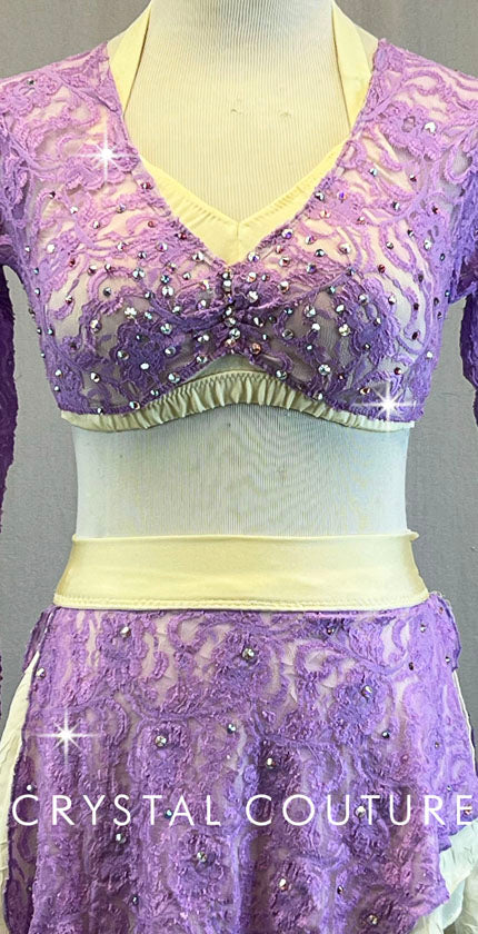 Custom Light Purple & Ivory Lace Long Sleeve Bra Top with Lace Skirt - Rhinestones