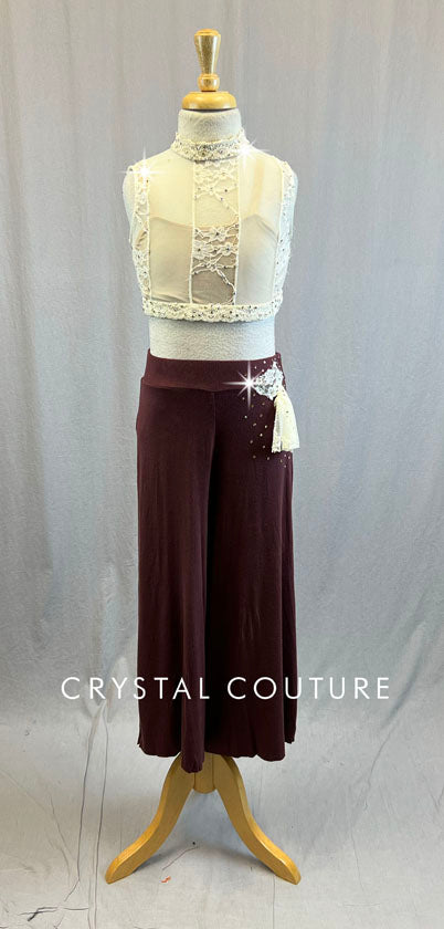 Ivory Lace and Mesh Bra Top with Maroon Cotton Pants