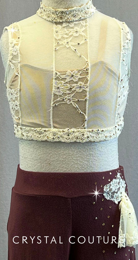 Ivory Lace and Mesh Bra Top with Maroon Cotton Pants