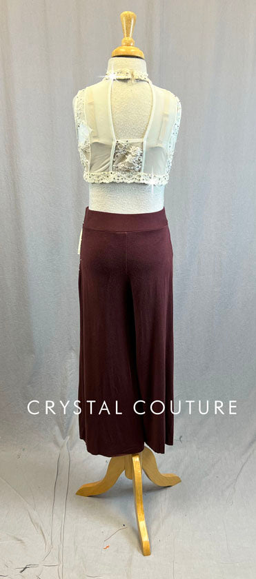 Ivory Lace and Mesh Bra Top with Maroon Cotton Pants