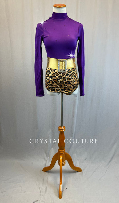 Deep Purple Mock Neck Leotard with Belt and Cheetah Print Trunks - Rhinestones