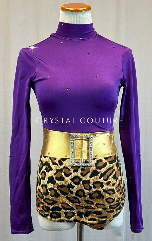 Deep Purple Mock Neck Leotard with Belt and Cheetah Print Trunks - Rhinestones