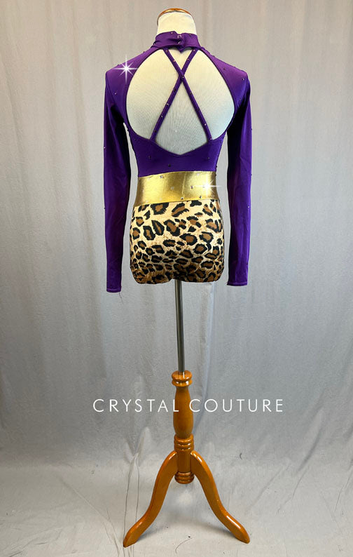 Deep Purple Mock Neck Leotard with Belt and Cheetah Print Trunks - Rhinestones