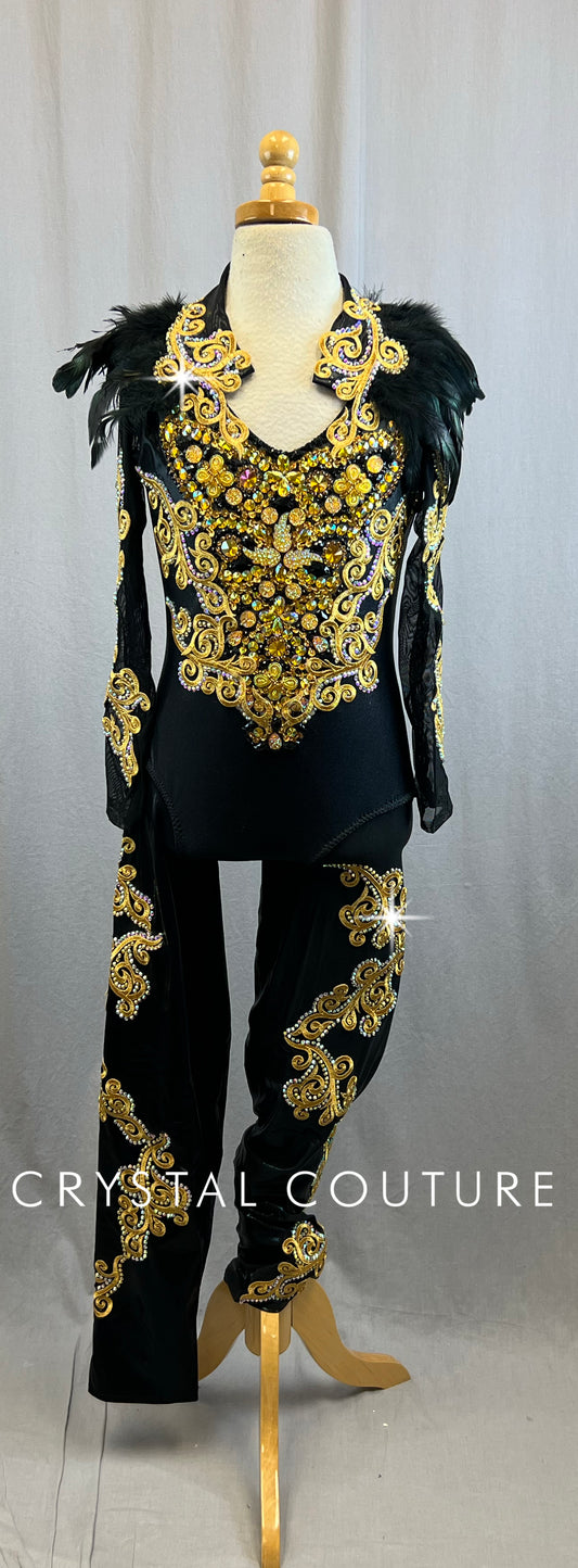 *Brand New* Custom Black and Gold Long Sleeve Unitard -Rhinestones