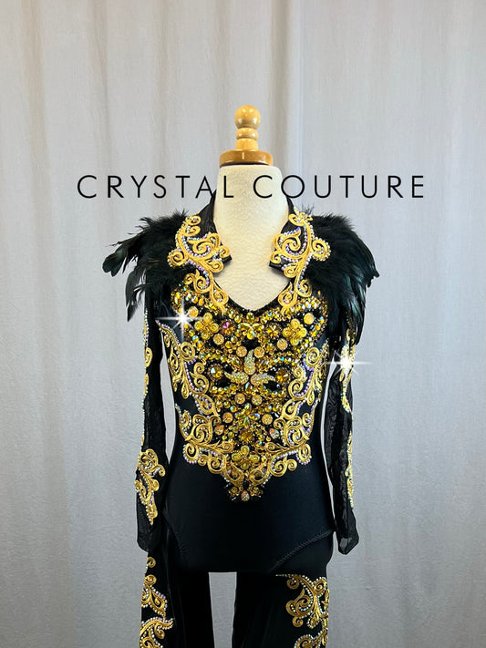*Brand New* Custom Black and Gold Long Sleeve Unitard -Rhinestones