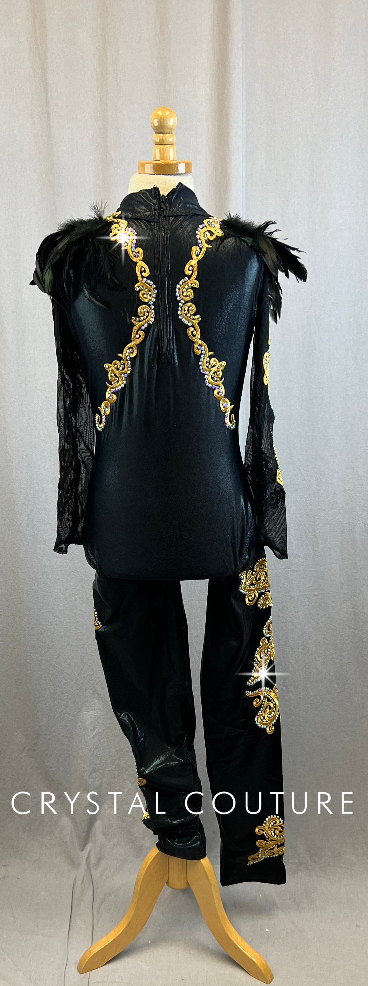 *Brand New* Custom Black and Gold Long Sleeve Unitard -Rhinestones