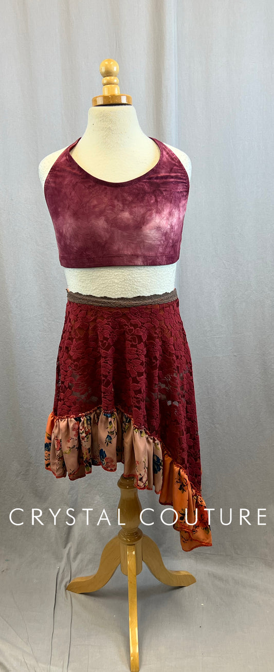 Custom Maroon and Dusty Rose Floral Skirt and Crop Top Three Piece Set