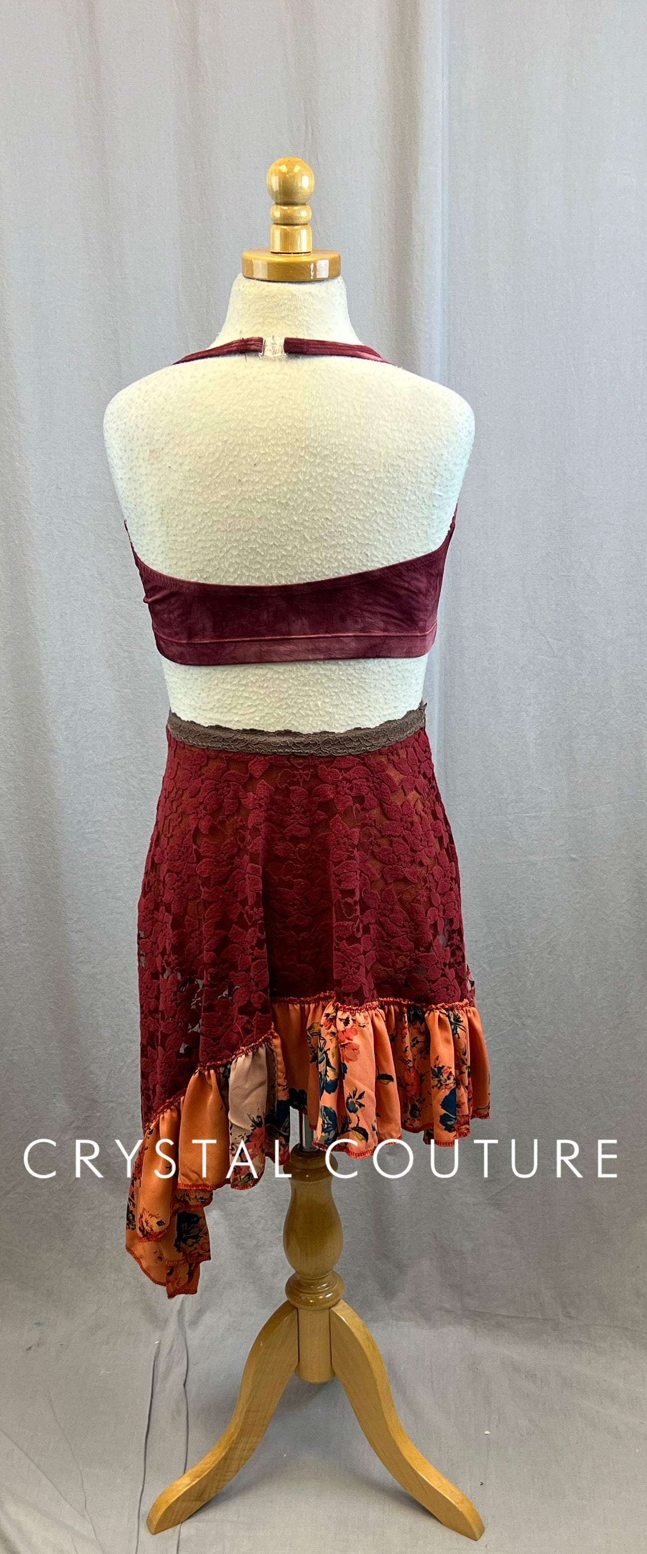 open lace back dress Custom Maroon and Dusty Rose Floral Skirt and Crop Top Three Piece Set –  Crystal Couture
