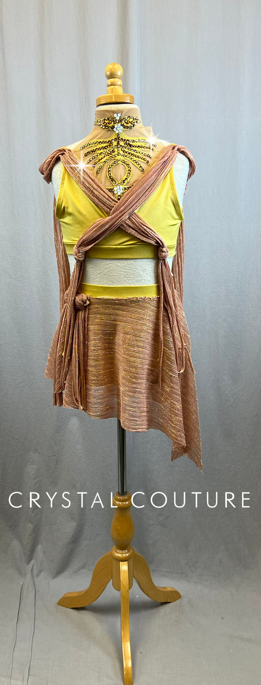 Custom Golden Yellow and Rose Gold Skirt and Crop Top Set - Rhinestones