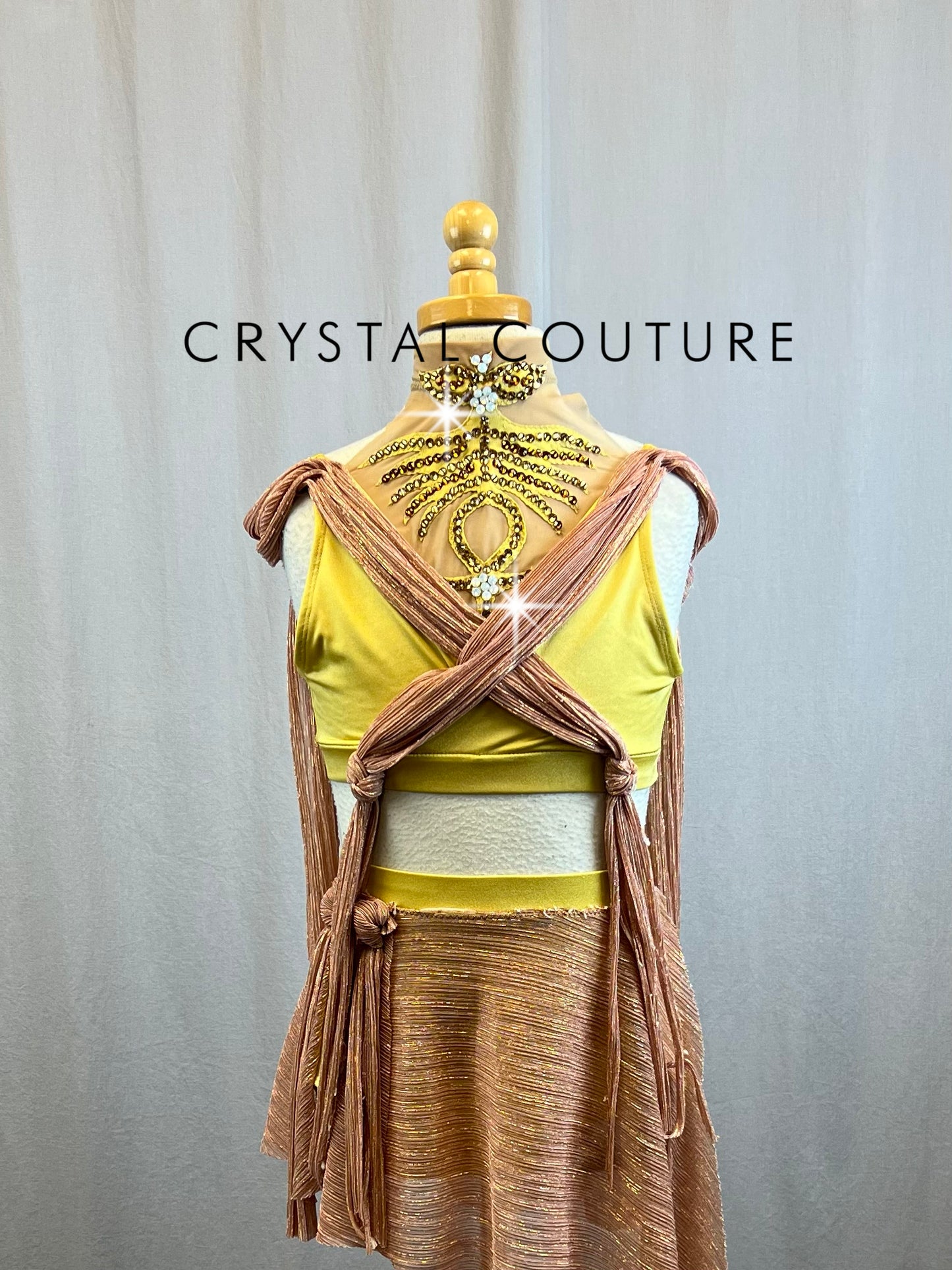 Custom Golden Yellow and Rose Gold Skirt and Crop Top Set - Rhinestones