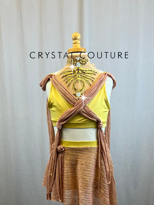 Custom Golden Yellow and Rose Gold Skirt and Crop Top Set - Rhinestones