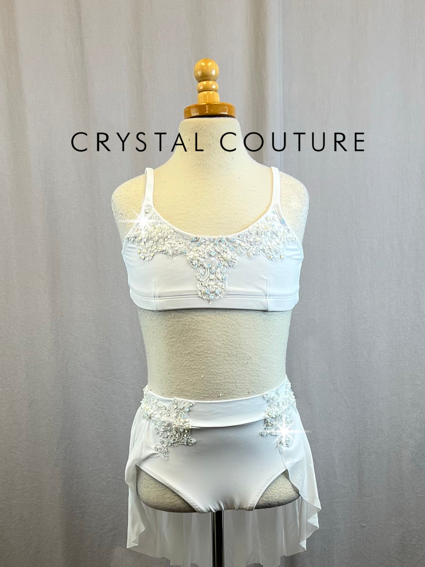 White Lycra Bra Top and Brief Set - Rhinestones