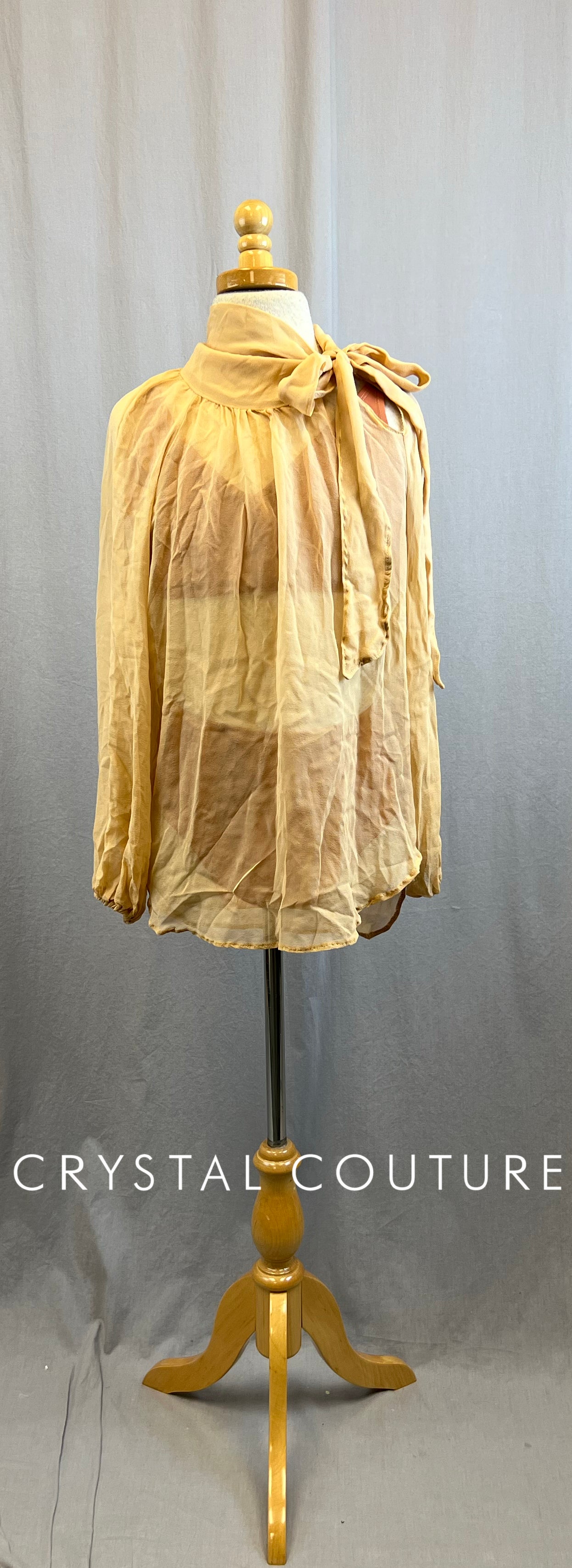 Custom Nude Semi-Sheer Mesh-like fabric Long Sleeve Top and Burnt Orange Brief and Bra Top Three-Piece Set