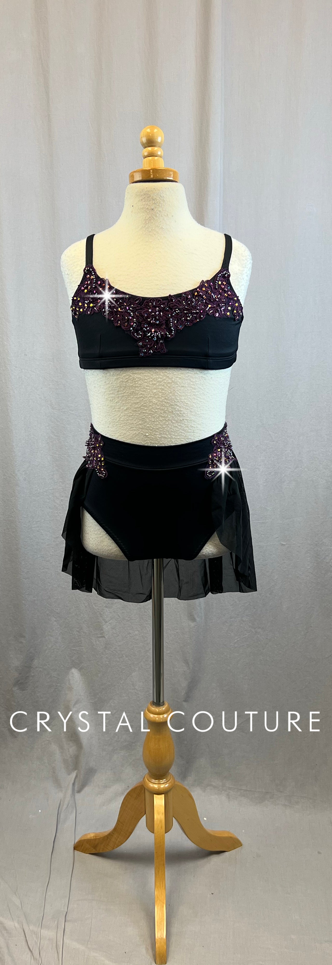 Black Lycra Bra Top and Brief Set - Rhinestones