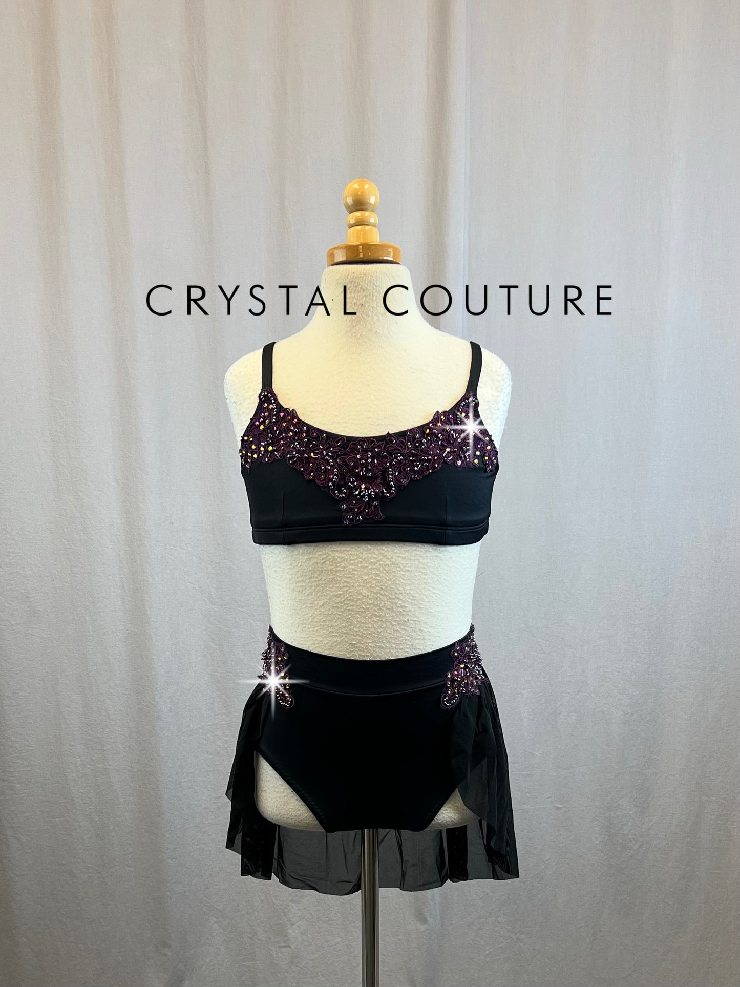 Black Lycra Bra Top and Brief Set - Rhinestones