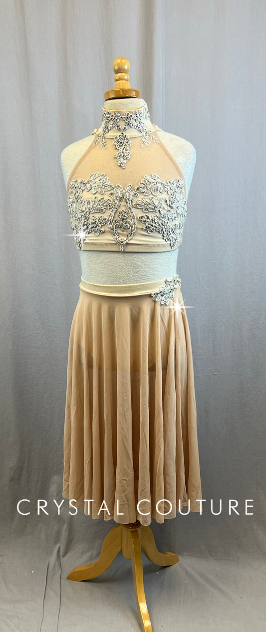 Custom Sand/Tan High Neck Top and Skirt Two-Piece Set - Rhinestones