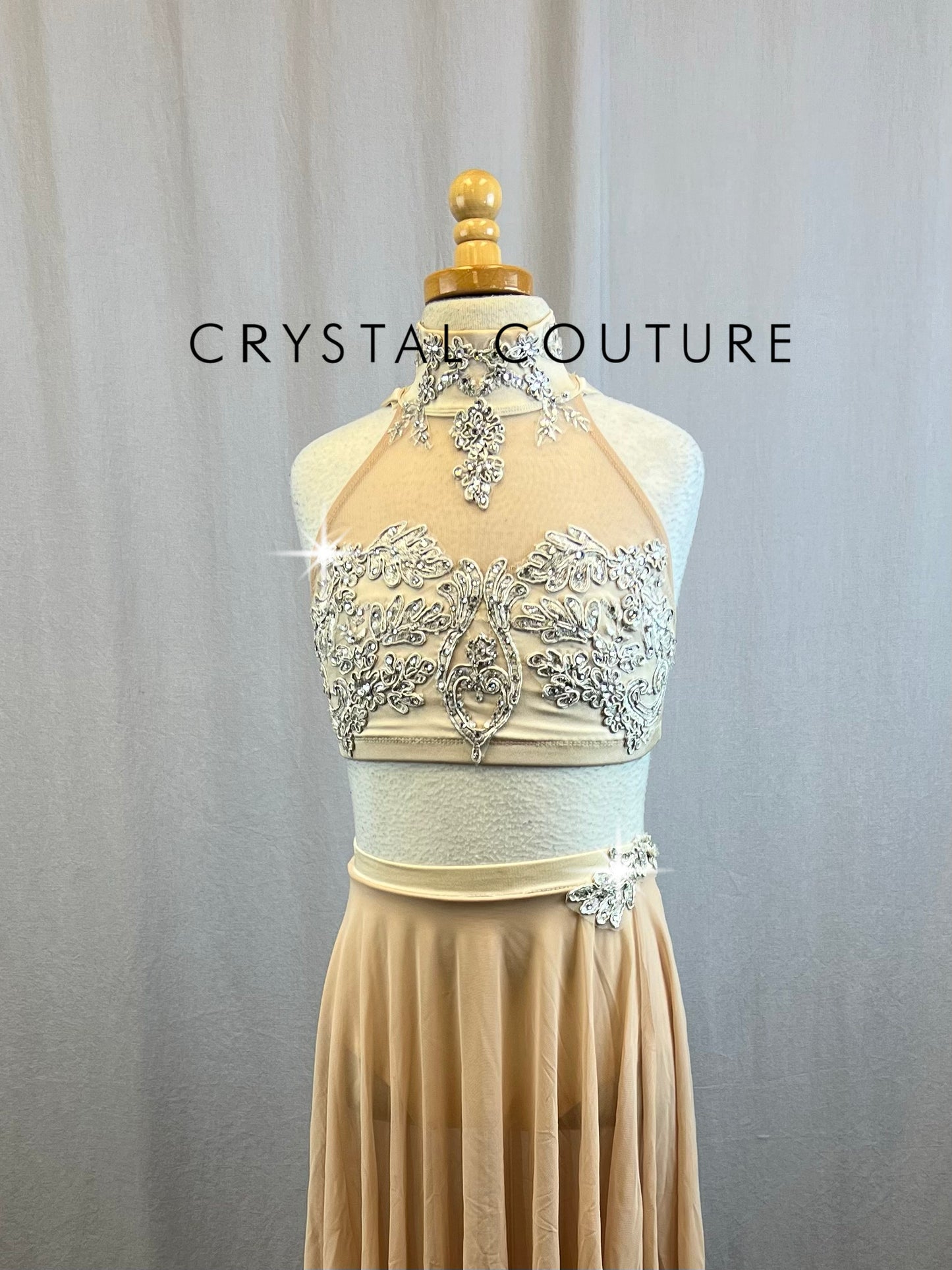 Custom Sand/Tan High Neck Top and Skirt Two-Piece Set - Rhinestones
