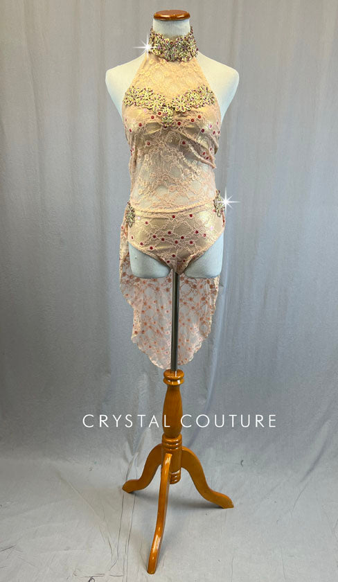 Custom Light Pink Lace Leotard with Back Skirt and Gold Appliques - Rhinestones