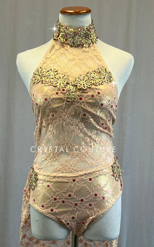 Custom Light Pink Lace Leotard with Back Skirt and Gold Appliques - Rhinestones