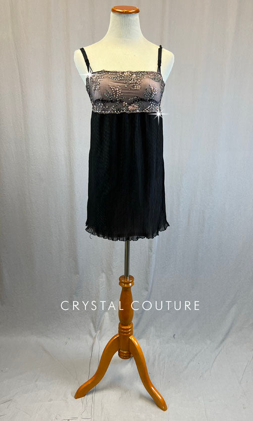 Custom Black & Light Pink Crimped Slip Dress - Rhinestones