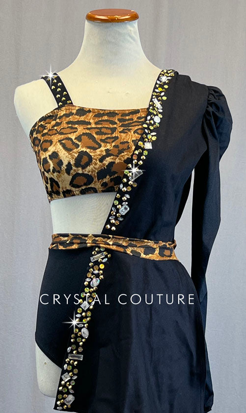 Leopard Print Two Piece with Half Coat - Rhinestones