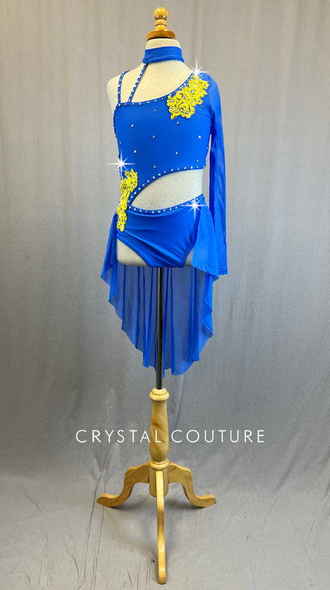 Ocean Blue Cutout Leotard with Back Skirt and Yellow Appliques - Rhinestones