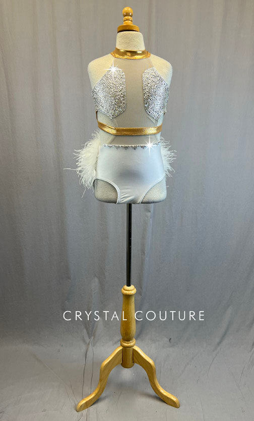 Custom White and Gold Leotard with Side and Back Cutouts- Rhinestones