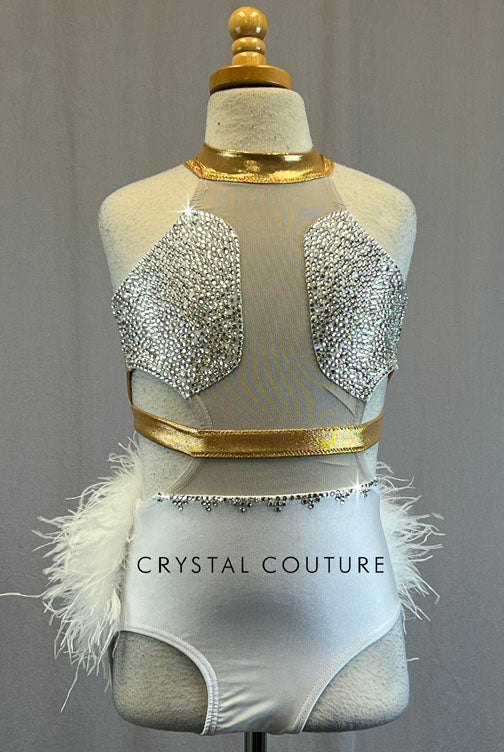 Custom White and Gold Leotard with Side and Back Cutouts- Rhinestones