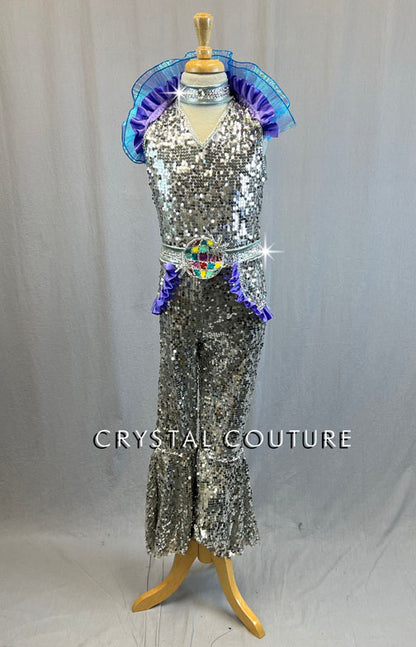 Silver Sequin Disco Unitard With Purple Ruffles