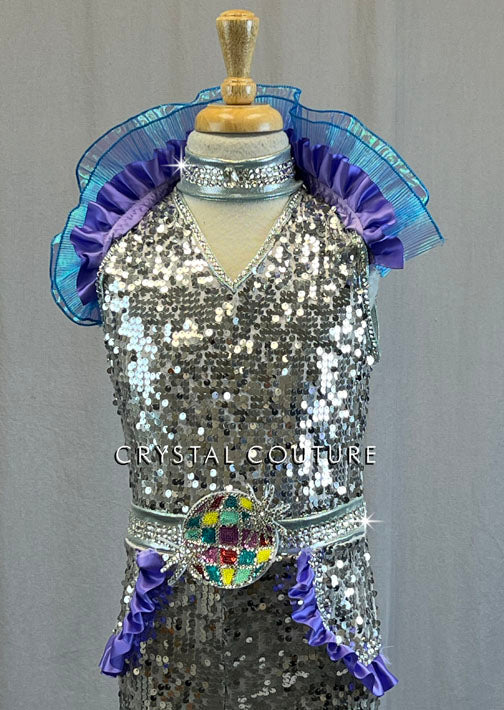 Silver Sequin Disco Unitard With Purple Ruffles