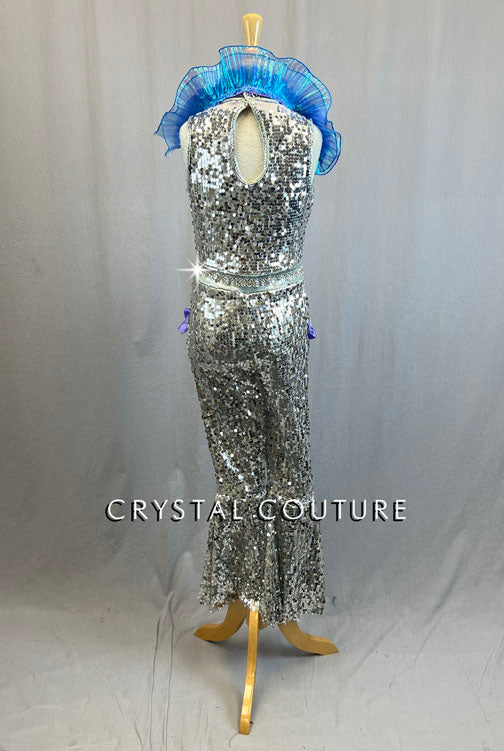 Silver Sequin Disco Unitard With Purple Ruffles