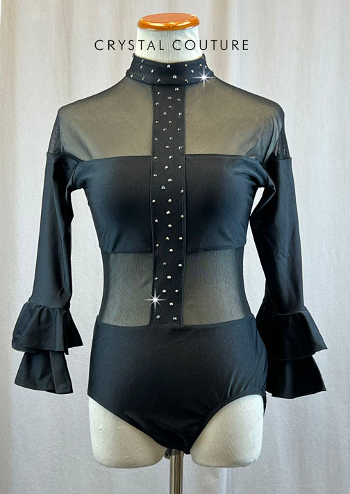 Black Long Bell Sleeve Leotard with Mesh