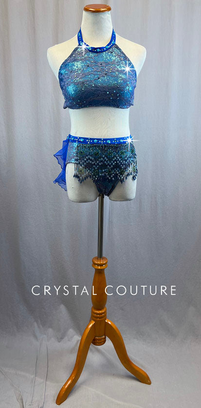 Royal and Light Blue Sequin Halter Top and Beaded Briefs