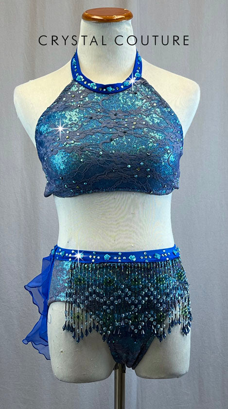 Royal and Light Blue Sequin Halter Top and Beaded Briefs