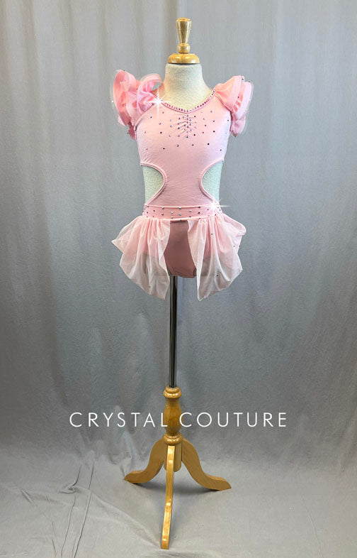 Baby Pink Leotard With Ruffle Sleeves and Cutouts- Rhinestones