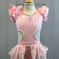 Baby Pink Leotard With Ruffle Sleeves and Cutouts- Rhinestones