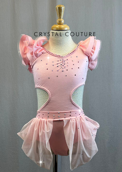 Baby Pink Leotard With Ruffle Sleeves and Cutouts- Rhinestones