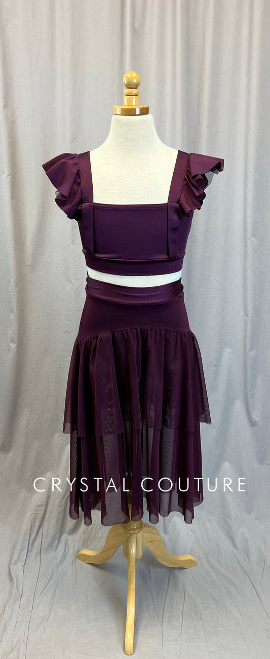 Plum Two-Piece with Mesh Skirt and Ruffle Top