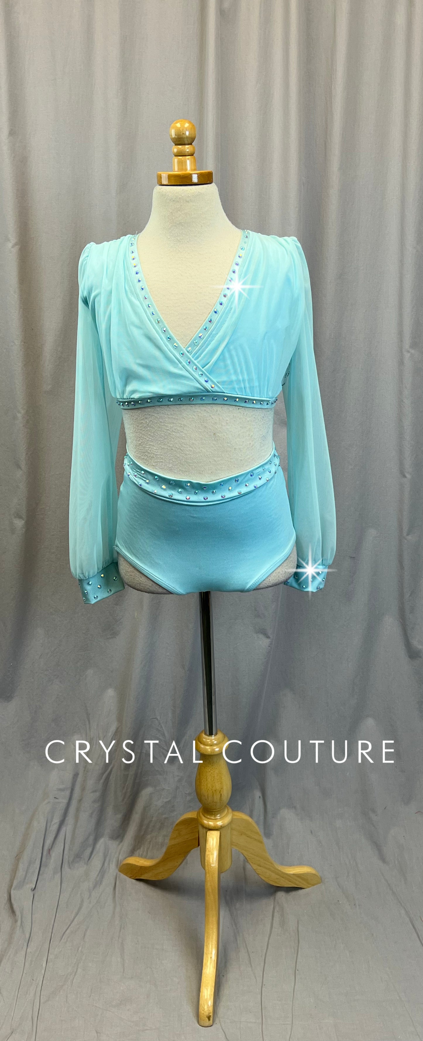 Light Blue Two-Piece with Mesh Ruched Top and High Waisted Brief - Rhinestones