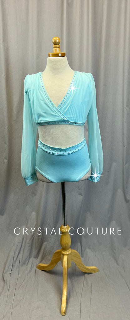 Light Blue Two-Piece with Mesh Ruched Top and High Waisted Brief - Rhinestones