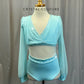 Light Blue Two-Piece with Mesh Ruched Top and High Waisted Brief - Rhinestones