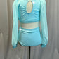Light Blue Two-Piece with Mesh Ruched Top and High Waisted Brief - Rhinestones