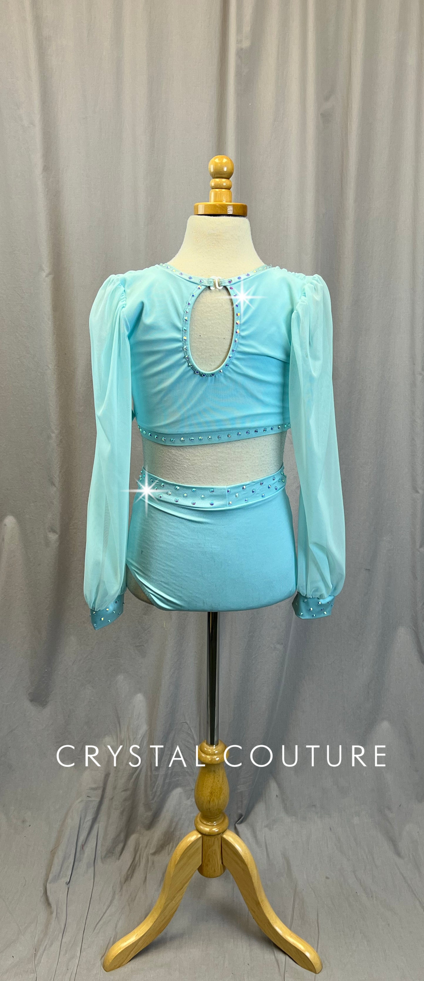 Light Blue Two-Piece with Mesh Ruched Top and High Waisted Brief - Rhinestones