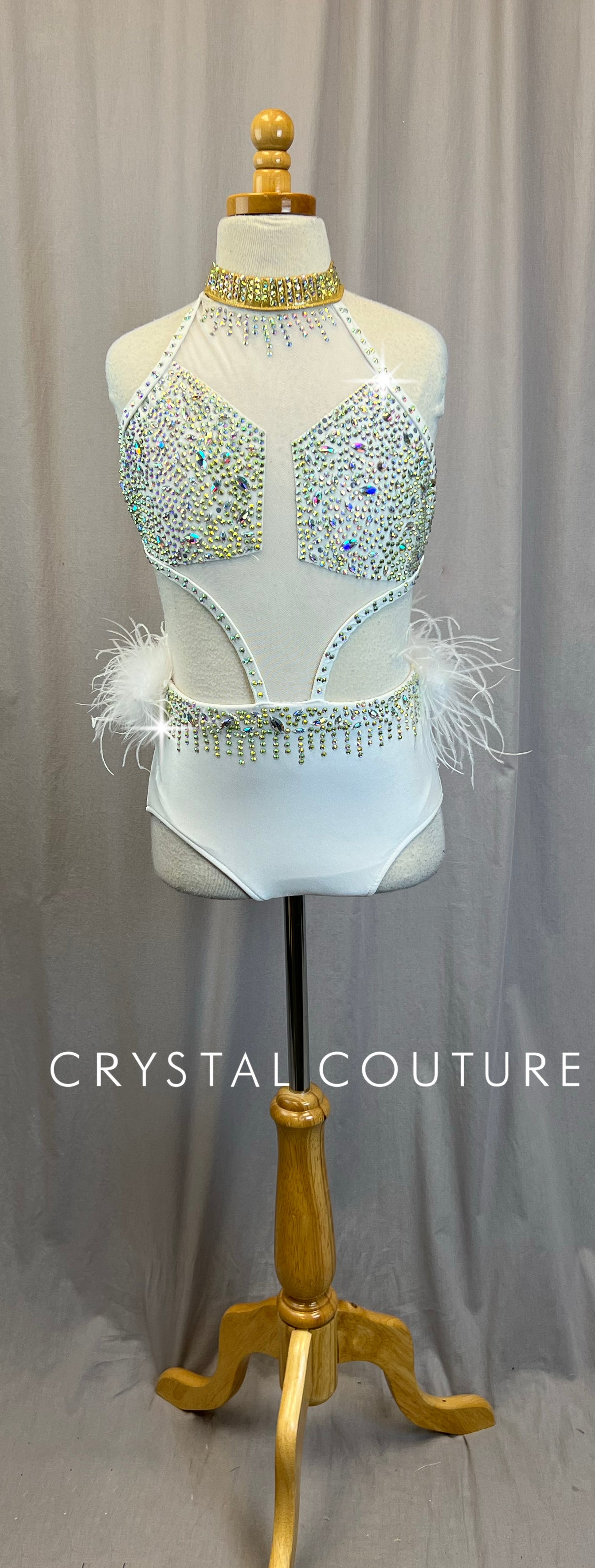 White and Gold Mesh and Feather Leotard - Rhinestones
