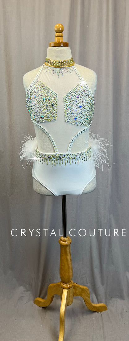 White and Gold Mesh and Feather Leotard - Rhinestones