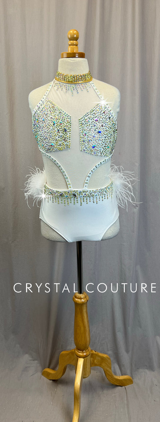 White and Gold Mesh and Feather Leotard - Rhinestones
