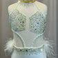 White and Gold Mesh and Feather Leotard - Rhinestones
